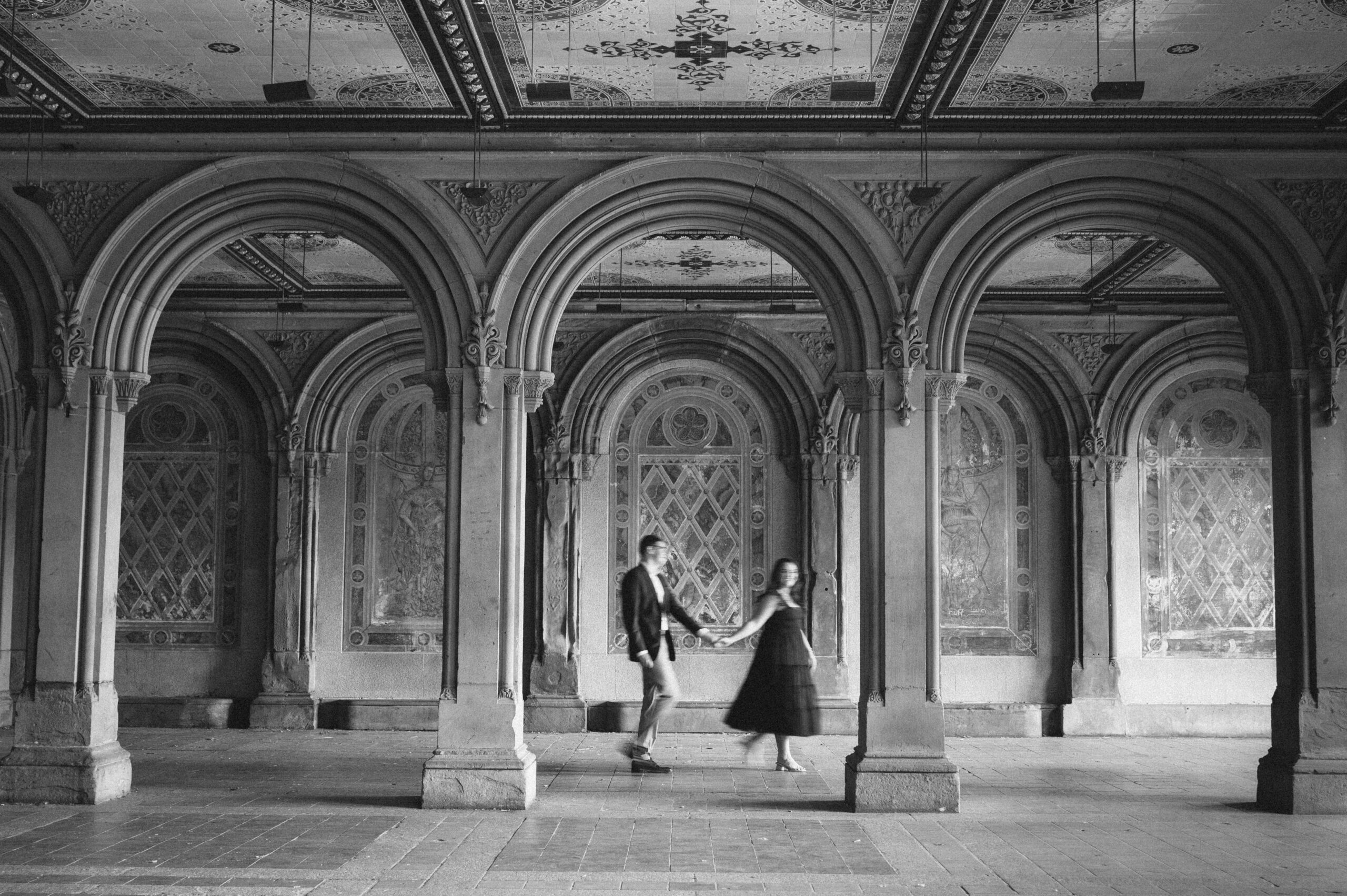 Engaged Couple at Bethesda Terrace in Central Park NYC